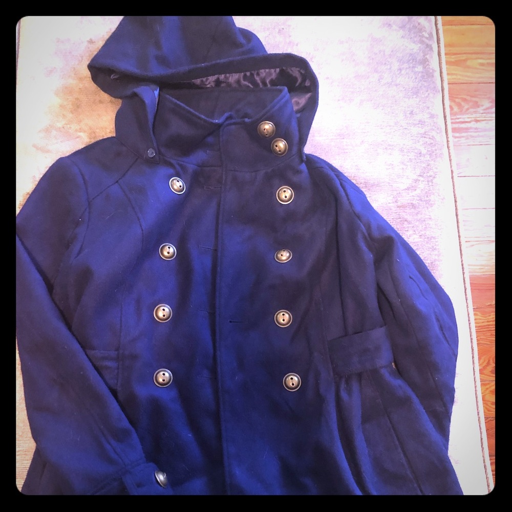 Navy blue, hooded pea coat - size Medium.